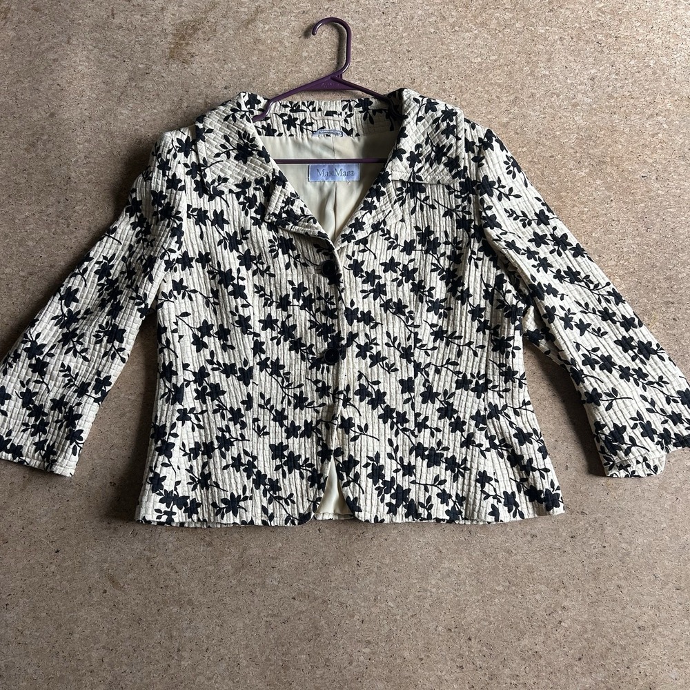 Max Mara Womens Tan Black Floral Print Cotton Silk Quilted Jacket Size 16